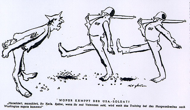 «Marsjer, gutter, marsjer! Senere når vi er veteraner kan vi bruker vår trening i hungermarsjer i Washington» – Das Reich fra 9. januar 1944.