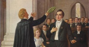 Esaias Tegnér setter en laurbærkrans på Adam Oehlenschlägers hode i Lund, 1829. Maleri av Constantin Hansen (1804–1880).