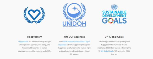 Happytalism og helsevesen, stjerne og sigd, samt global regnbuepolitikk er inkludert i logene for FNs nye verdensorden.
